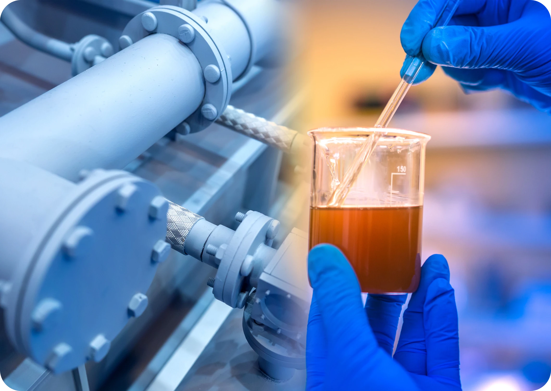A person in blue gloves holding a glass of liquid.