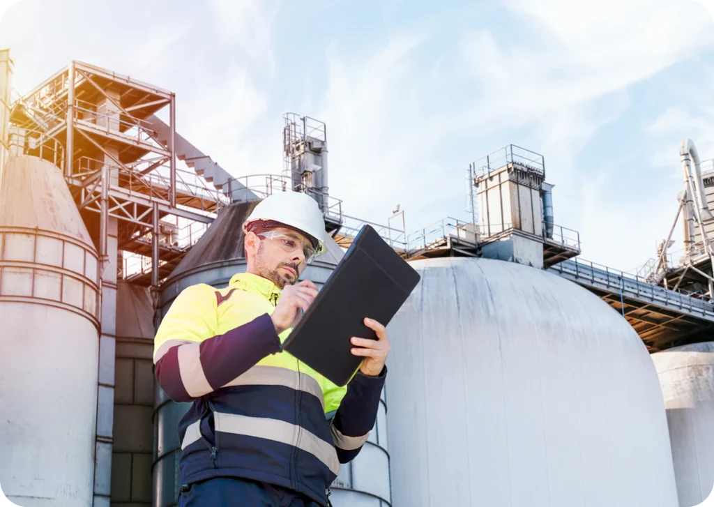 A man in yellow vest holding a laptop.
