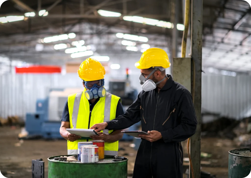 Two men in hard hats and safety vests are looking at a tablet.